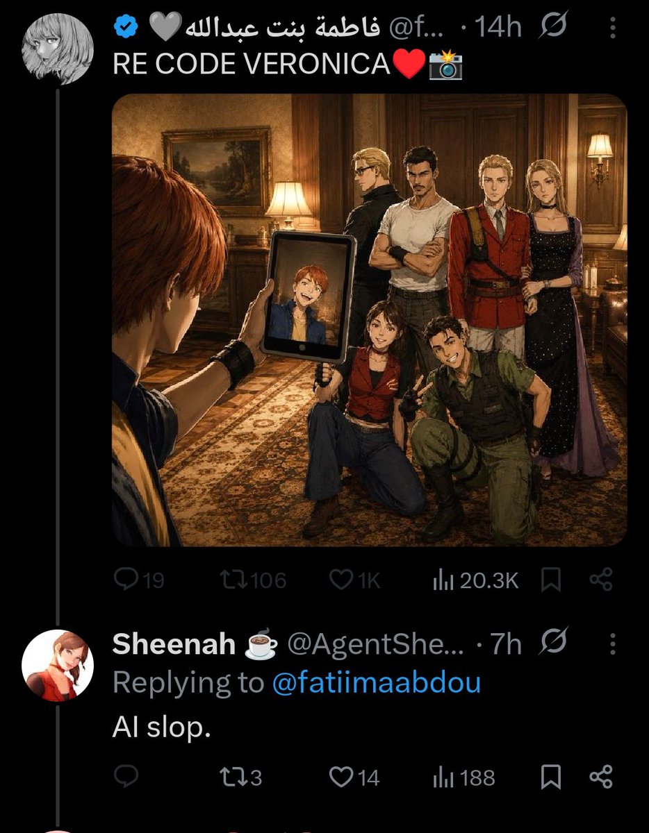 AgentSheenah's tweet photo. Love how I called out an account for using a beloved RE artist work and making AI slop with it and their answer was to block me 🤣 https://t.co/sTU1wa1eyD