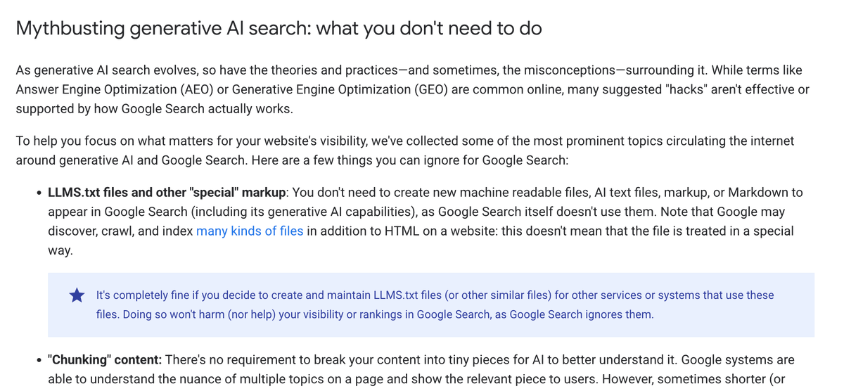 rustybrick's tweet photo. Google updates help doc to say LLMS.txt won't help or hurt you in Google Search and Google Search does not use them or markdown files https://t.co/e5fsojWrN0 https://t.co/EStiJTT22o
