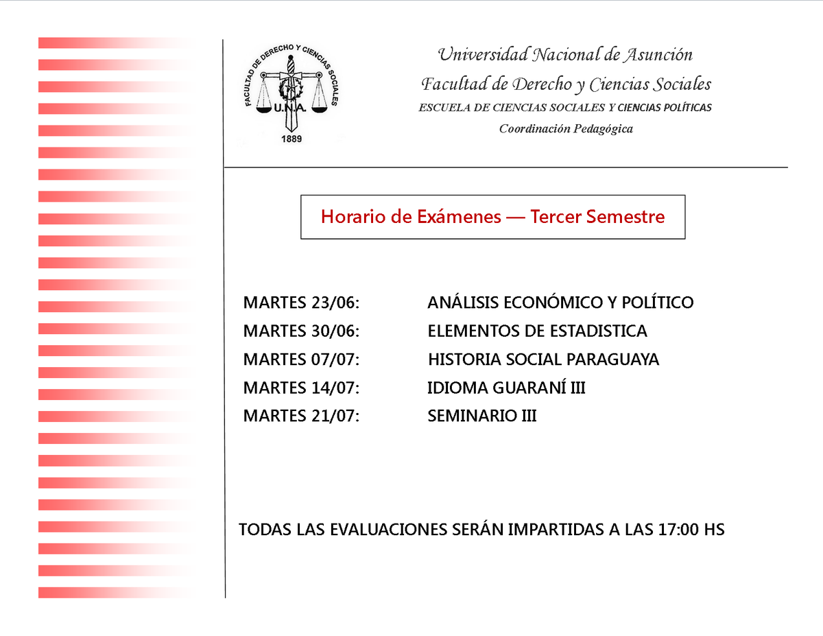 ECSyP_UNA's tweet photo. -ATENCIÓN SEMESTRES IMPARES -

Horario de Exámenes Finales correspondiente al Primer Llamado.
.
.
.
Días: martes
Hora: 17.00; tercer semestre
          18.00; quinto semestre
          19.00; séptimo semestre https://t.co/zpcUIXnHIf