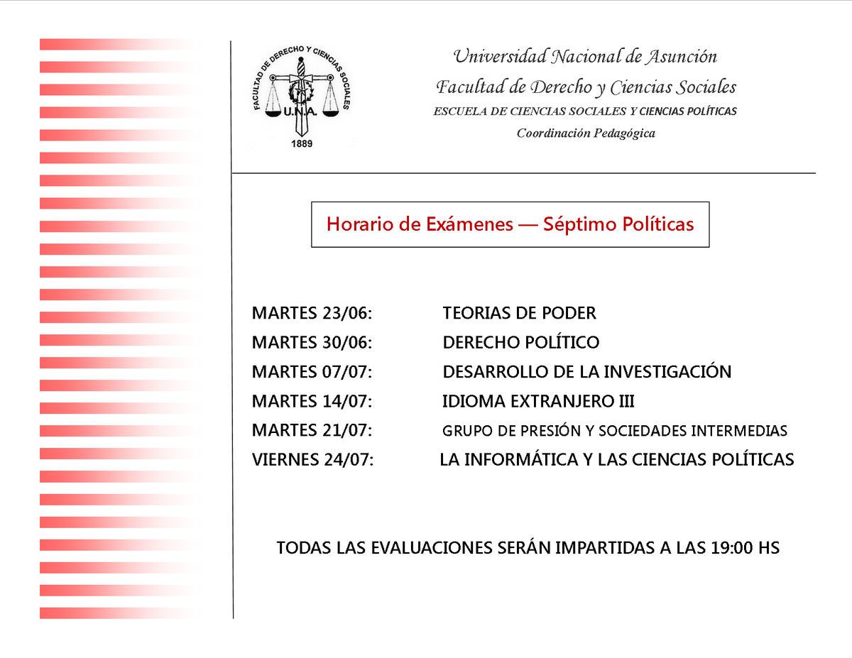 ECSyP_UNA's tweet photo. -ATENCIÓN SEMESTRES IMPARES -

Horario de Exámenes Finales correspondiente al Primer Llamado.
.
.
.
Días: martes
Hora: 17.00; tercer semestre
          18.00; quinto semestre
          19.00; séptimo semestre https://t.co/zpcUIXnHIf