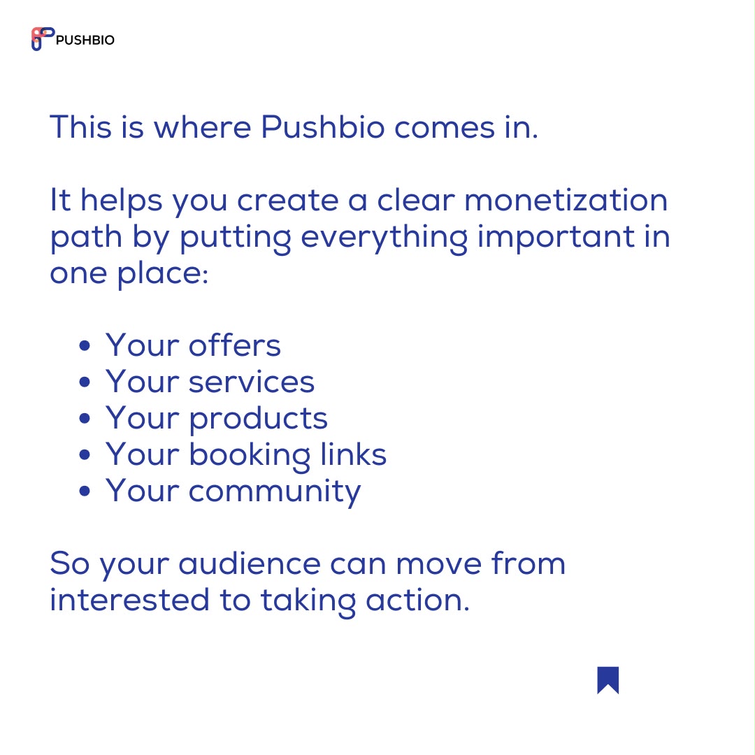 Pushbio's tweet photo. Creating great content is only half the equation. 

If your audience doesn’t have a clear path to connect, engage, or buy, you could be leaving opportunities on the table.

A strong monetization strategy starts with a streamlined online presence. https://t.co/Scxodd2k8L