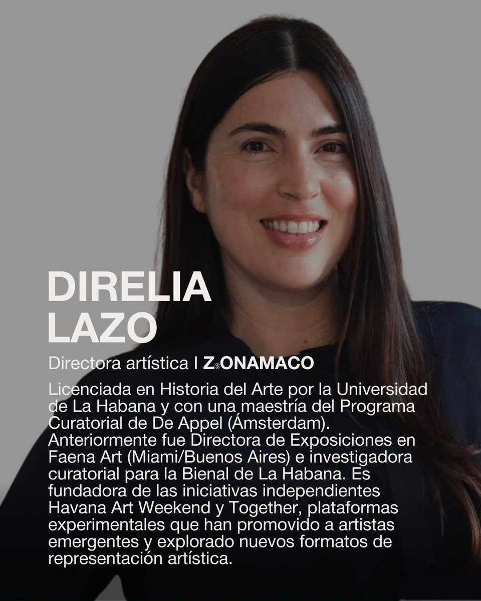 ZonaMaco's tweet photo. Presentamos al equipo curatorial de ZⓈONAMACO MÉXICO ARTE CONTEMPORÁNEO 2027.

🗓️ 3–7 febrero 2027
📍Ciudad de México

DIRELIA LAZO
Directora Artística | ZⓈONAMACO
@dilazo 

Curaduría - secciones:

MANUELA MOSCOSO
Curadora | ZⓈONAMACO SUR
@manu_moscoso 

ESTEBAN KING ÁLVAREZ
Curador | ZⓈONAMACO ARTE MODERNO
@estebanking
 
AIMÉ IGLESIAS LUKIN
Curadora | ZⓈONAMACO EJES
@aimelukin
 
Las aplicaciones para galerías continúan abiertas.
📩 info@zonamaco.com
—
We are pleased to announce the curatorial team for ZⓈONAMACO MÉXICO ARTE CONTEMPORÁNEO 2027.

🗓️ February 3–7, 2027
📍Mexico City

DIRELIA LAZO
Artistic Director | ZⓈONAMACO

Curated Sections:

MANUELA MOSCOSO
Curator | ZⓈONAMACO SUR

ESTEBAN KING ÁLVAREZ
Curator | ZⓈONAMACO ARTE MODERNO

AIMÉ IGLESIAS LUKIN
Curator | ZⓈONAMACO EJES

Gallery applications remain open.
📩 info@zonamaco.com