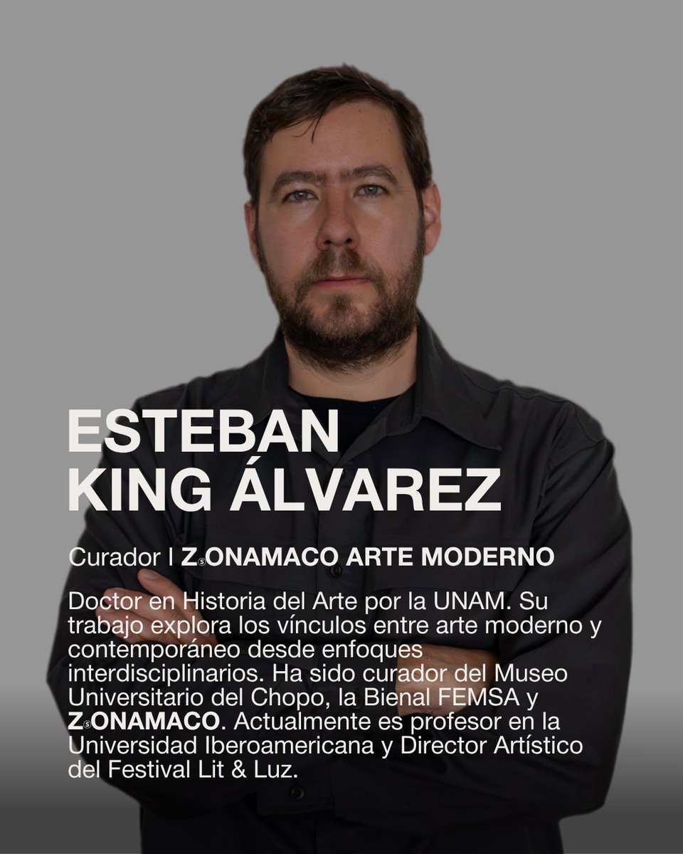 ZonaMaco's tweet photo. Presentamos al equipo curatorial de ZⓈONAMACO MÉXICO ARTE CONTEMPORÁNEO 2027.

🗓️ 3–7 febrero 2027
📍Ciudad de México

DIRELIA LAZO
Directora Artística | ZⓈONAMACO
@dilazo 

Curaduría - secciones:

MANUELA MOSCOSO
Curadora | ZⓈONAMACO SUR
@manu_moscoso 

ESTEBAN KING ÁLVAREZ
Curador | ZⓈONAMACO ARTE MODERNO
@estebanking
 
AIMÉ IGLESIAS LUKIN
Curadora | ZⓈONAMACO EJES
@aimelukin
 
Las aplicaciones para galerías continúan abiertas.
📩 info@zonamaco.com
—
We are pleased to announce the curatorial team for ZⓈONAMACO MÉXICO ARTE CONTEMPORÁNEO 2027.

🗓️ February 3–7, 2027
📍Mexico City

DIRELIA LAZO
Artistic Director | ZⓈONAMACO

Curated Sections:

MANUELA MOSCOSO
Curator | ZⓈONAMACO SUR

ESTEBAN KING ÁLVAREZ
Curator | ZⓈONAMACO ARTE MODERNO

AIMÉ IGLESIAS LUKIN
Curator | ZⓈONAMACO EJES

Gallery applications remain open.
📩 info@zonamaco.com