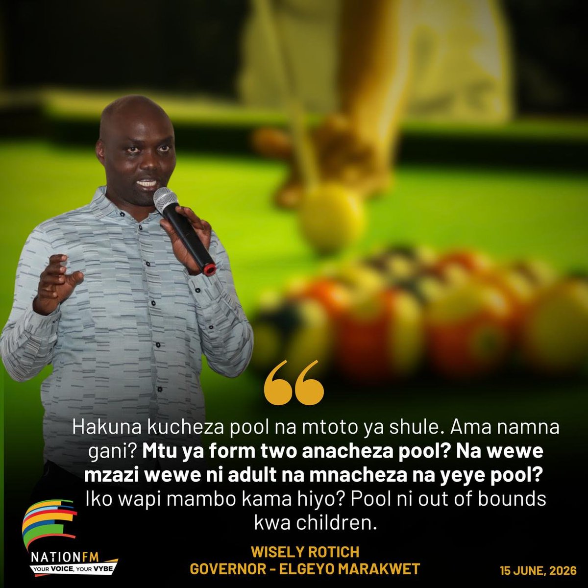 NationFmKE's tweet photo. Pool should be out of bounds for children. How can you, a parent who is an adult, be playing pool with your high school child? ~ Wisely Rotich, Elgeyo Marakwet Governor
#NationFMNews #NationFM https://t.co/jy4dHMZR6g