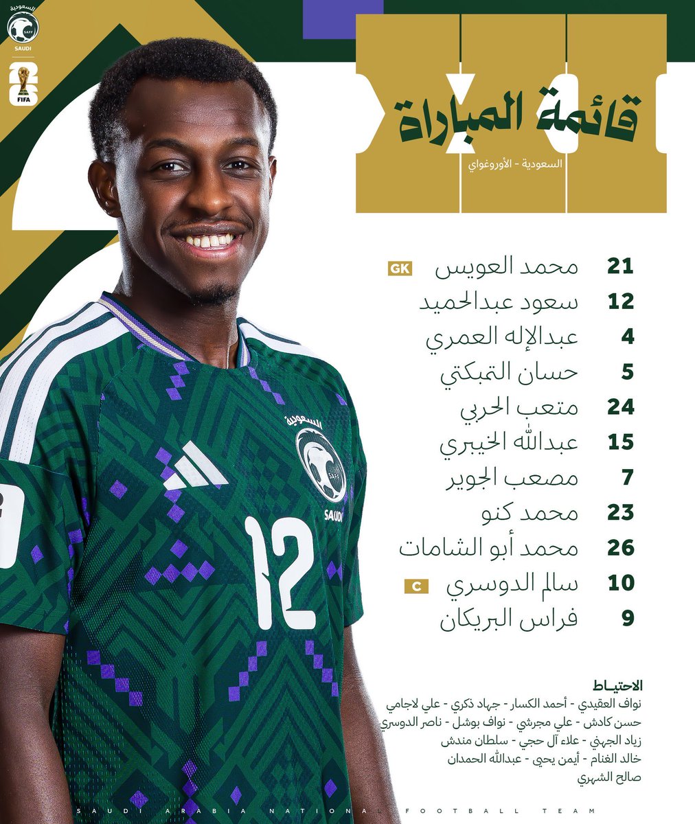 SaudiNews50's tweet photo. تشكيلة المنتخب السعودي أمام الأوروغواي.  

- https://t.co/erH1ebqQQ6