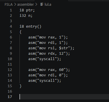 algo1337's tweet photo. By tonight or tomorrow morning, This code here will compile directly to native encoded bytes. 

No IR,
No Pure ASM
No Transpilers

I do not have a name for the language yet but the ASM() block emits the code provided to be compiled to encoded bytes. I have plans to add rbyte {} (an raw byte block). These 2 macros or whatever you want to call it, takes no user INPUT. Functions follow ABI order, this mean you can use registers as params and since the language has function and not label, Functions params are set to registers before call.

We're almost there!