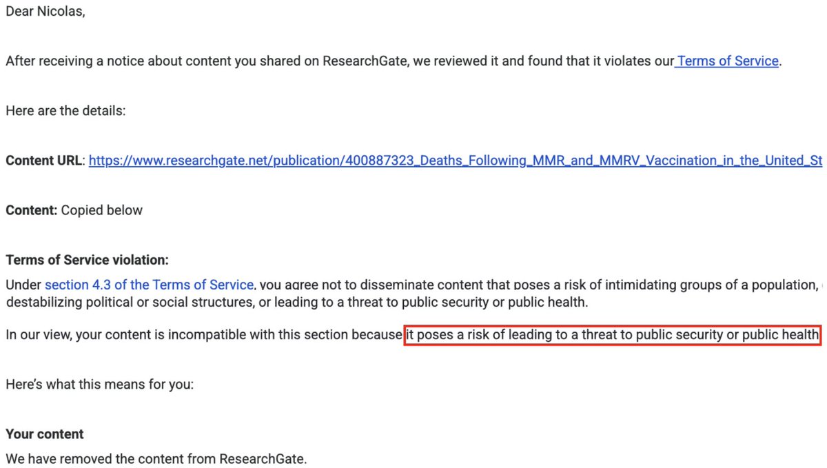NicHulscher's tweet photo. ResearchGate DELETED our MMR vaccine death study for posing "a threat to public security or public health". 

You can now read the study here: https://t.co/c3lVi65Bn5 https://t.co/9P3roUhxLl