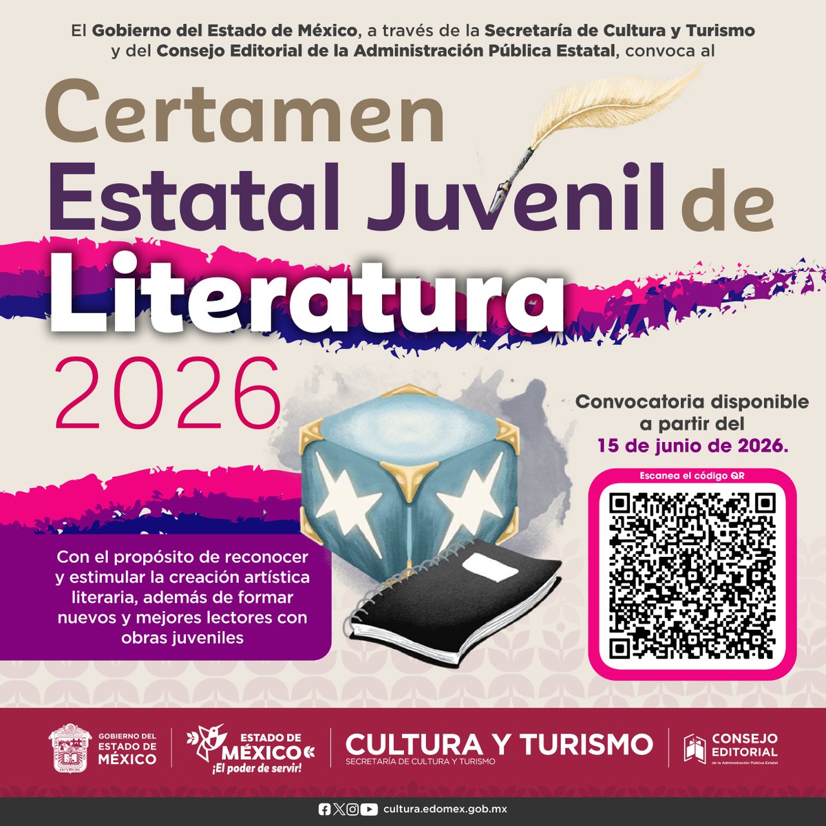 CulturaEdomex's tweet photo. El Certamen Estatal #JuvenilDeLiteratura 2026 te invita a compartir tu talento y participar con una obra original e inédita en las categorías de cuento y novela juvenil. 

📅 Tienes hasta el 15 de octubre de 2026.
🔗 Convocatoria: https://t.co/iwOKHVcieb

#ElPoderDeServir https://t.co/9Luads4GZ3