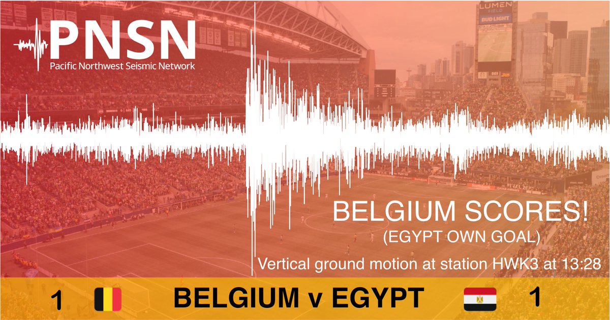 White seismogram showing the shaking caused by fans after Romelu Lukaku scores Belgium's first goal of the game. Seismogram is overlaid against a photo of the field, with the colors of Egypt and Belgium's flags in the background. The score is 1-1.