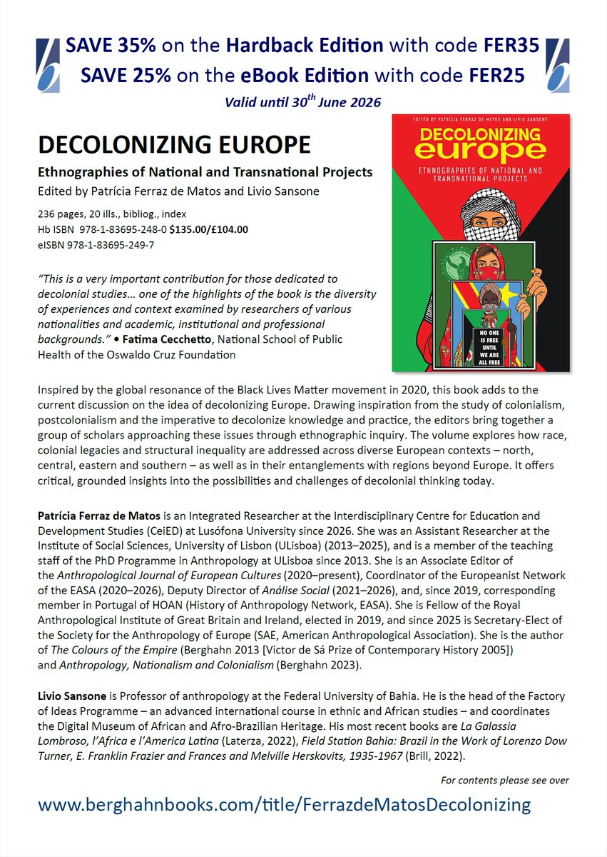 PatriciaFMatos's tweet photo. Apresentação do livro Decolonizing Europe (Berghahn 2026), 18 de junho 2026, 18 horas, Sala K4 da Universidade Lusófona, Campus de Lisboa, por Daniel Florence Giesbrecht. https://t.co/2Tz9lZHleS
#berghahnbooks
#liviosansone https://t.co/5p3vH0NiB3