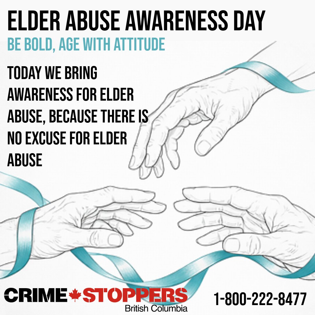 FightCrimeBC's tweet photo. Elder Abuse Awareness Day, June 15.
Abuse can take many forms, physical, emotional, financial, or neglect. It often hides behind silence, fear, or misplaced trust. Today, we stand together to say there is no excuse for elder abuse.
Every older adult deserves dignity, respect, and safety. If you suspect abuse, speak up. Your voice can protect someone who can’t speak for themselves.
To leave an anonymous tip call 1-800-222-8477 or go online to https://t.co/uihKCtPfdj
#ReportAnonymously #elderabuseawarenes #thereisnoexcuse