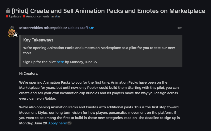 4Lulzy's tweet photo. UGC Animation Packs are being released soon! You'll have until June 29th to apply and join a beta program to upload them. https://t.co/YuSRWwxBuj
