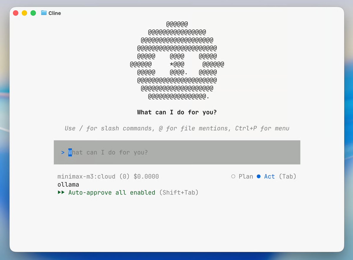 ollama's tweet photo. Ollama now supports @cline CLI with the ability to run parallel tasks via the Kanban feature.

Cline is a coding agent for your editor or terminal. It reads your repo, edits files, runs commands, and shows diffs for review.

Get started:

ollama launch cline