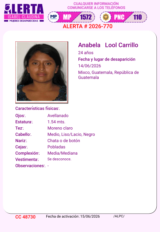 isabel_claudina's tweet photo. #AlertaIsabelClaudina
🚨 Ayúdenos a encontrar a
ANABELA LOOL CARRILLO
Desapareció el 14 de junio del año 2026
Cualquier información comunicarse al teléfono 📞 1572
Gracias por difundir esta información❗ https://t.co/95SOckRywi