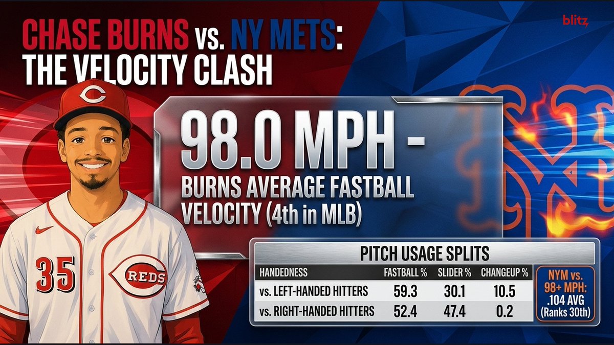 BlitzAnalytics's tweet photo. The Mets look to overcome their season struggles vs 98+ MPH fastballs (Ranked 30th in AVG.) tonight against Cy Young candidate Chase Burns who is 4th in average fastball velocity https://t.co/FDf1tnXADb