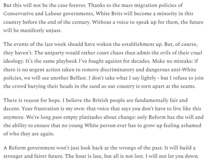 PReynoAgain's tweet photo. @BasilTheGreat Farage's substack is no better.
White Brits will become a minority, but it's OK 'cos Reform will build a "stronger/fairer" future.
Farage wants to make Blairs multi-cultural Diversity project work, not reverse it. https://t.co/pfckwGjbmh