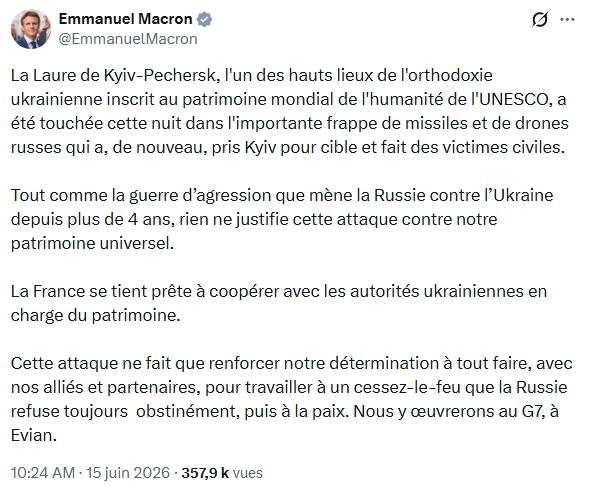 fruskof's tweet photo. 🇫🇷 ⚡ 🇷🇺  « Plus facile que d'admettre sa complicité dans le meurtre de civils » : #Zakharova répond à #Macron après l’incendie de la laure des Grottes de #Kiev (édifice religieux).

La cathédrale de la #Dormition, joyau du complexe de la laure des Grottes de Kiev, a été touchée par un missile Patriot. La Défense russe pointe une énième défaillance d’un missile d’interception de la défense antiaérienne ukrainienne. Le président français a, pour sa part, une nouvelle fois mis toute la responsabilité sur Moscou.

Ce 15 juin au matin, alors que la toiture de la cathédrale de la Dormition était encore fumante, Emmanuel Macron n’a pas manqué l’occasion de faire part de son indignation à géométrie variable sur les réseaux sociaux. « Tout comme la guerre d’agression que mène la Russie contre l’#Ukraine depuis plus de 4 ans, rien ne justifie cette attaque contre notre patrimoine universel », a-t-il lancé dans un message semblant attribuer la responsabilité de cet incendie à la Russie.

« La France se tient prête à coopérer avec les autorités ukrainiennes en charge du patrimoine », a ajouté le président français, visiblement beaucoup plus préoccupé par les églises brûlant en Ukraine que dans son propre pays. « C'est l'équivalent, pour nous Français, du bombardement de Notre-Dame ou de Saint-Denis », a pour sa part déclaré Jean-Noël Barrot, ministre français des Affaires étrangères.

Des condamnations similaires ont également été formulées par plusieurs responsables politiques pro-Kiev. Parmi elles figure celle du représentant américain Joe Wilson, qui voit dans cet incendie « une expression abominable de la violence anticatholique de la Russie », ignorant visiblement qu’il s’agit d’un site orthodoxe situé dans un pays à majorité orthodoxe. 

Paris reste silencieux face aux crimes de Kiev.

« C'est évidemment plus facile que d'admettre sa complicité dans le meurtre de civils », a fustigé Maria Zakharova, renvoyant au silence du dirigeant français concernant les victimes des attaques menées par les forces de Kiev. La porte-parole de la diplomatie russe a notamment évoqué l’attaque ukrainienne, « bien réelle et non mise en scène », qui a détruit le 10 juin le panorama du siège de Sébastopol, œuvre monumentale du peintre d’origine française Franz Roubaud. 

Dans la nuit du 14 au 15 juin, « en réponse aux attaques terroristes perpétrées par le régime de Kiev », l’armée russe a pris pour cible des sites de l’industrie militaire ukrainienne à Kiev, Kharkov et Dniepropetrovsk, a annoncé le ministère russe de la Défense. « Selon des informations confirmées, le complexe de la laure des Grottes de Kiev a été touché par un missile du système antiaérien américain Patriot », peut-on également lire dans ce rapport, qui énumère les installations visées.

Cela ne serait pas le premier incident causé par la défaillance de missiles de la défense antiaérienne ukrainienne. On se souvient tout particulièrement du cas du missile tombé en Pologne à l’automne 2022, tuant deux personnes. A la suite de ce drame, Volodymyr #Zelensky avait accusé la #Russie d’avoir « frappé » un pays de l’#OTAN. Une chute dont la Russie était « au bout du compte responsable », avait alors estimé la Maison Blanche.

Quant à la laure de Kiev, siège de l’Église orthodoxe ukrainienne (EOU), qui a rompu ses liens avec le patriarcat de Moscou après le début du conflit russo-ukrainien, le régime de Kiev a mis un point d’honneur à la faire passer sous contrôle de l’Église orthodoxe d’Ukraine (EOdU). Cette dernière, non sans l'aide de ses ouailles les plus zélées, fait également main basse — parfois violemment — sur d’autres édifices religieux à travers les territoires contrôlés par Kiev, et ce dans le silence des chancelleries occidentales, exception faite du #Vatican.

Source : RT en français.

* * * * * *
FABRICE LE FRUSKOF
🌐 https://t.co/nwFENdzO00