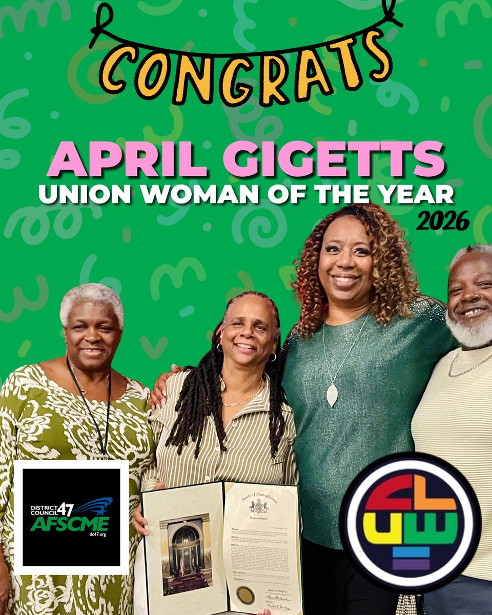 PHLafscmeDC47's tweet photo. So proud of our DC47 President, April Gigetts! True leadership means bringing workers together, empowering voices, and building a union family that stands strong for one another.

Today, we celebrate an incredible leader and advocate. -> https://t.co/kfw0X7v8Ti