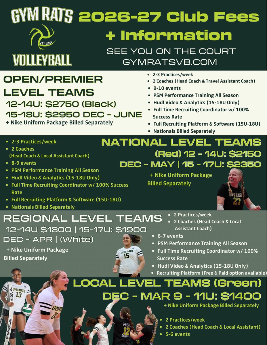 GymRatsvb's tweet photo. Gym Rats Volleyball 2026-27 Club Fees 🏋️🐭🏐

Same mission, same goals. No changes for the upcoming club season 😎

#SeeYouOnTheCourt with Gym Rats VB at Tryouts ⬇️

🗓️ REGISTER FOR TRYOUTS at the link below!

https://t.co/piGU9O1yXF https://t.co/NpAU25XC9O