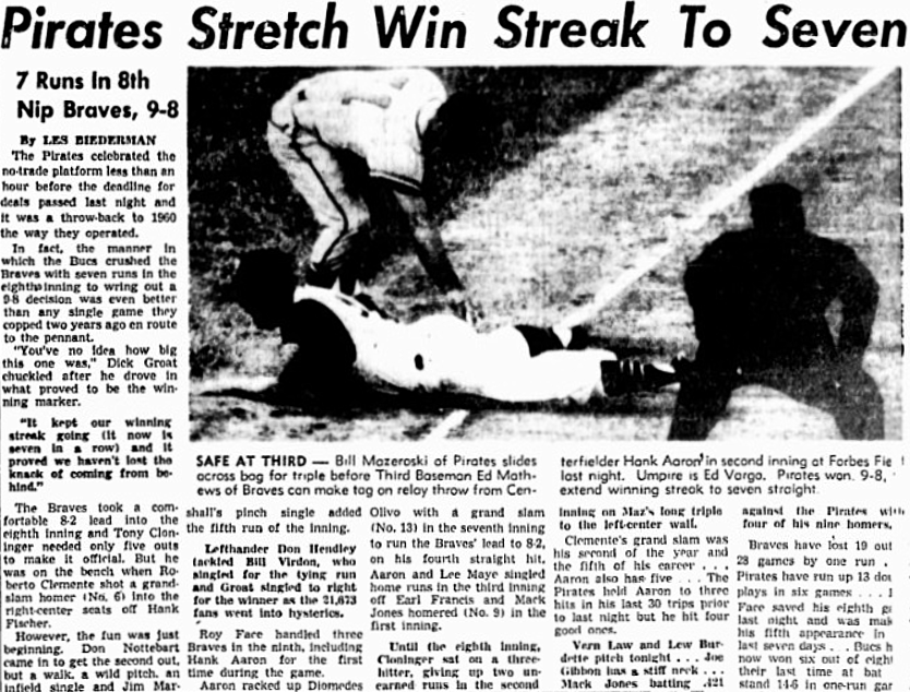 rieraci's tweet photo. 1962 - Hank Aaron hit a grand slam in the seventh and Roberto Clemente answered with a grannie of his own an inning later, key to a furious two-out Pirates rally that overcame an 8-2, eighth inning hole &amp; was just enough to slip past Milwaukee 9-8 at Forbes Field. https://t.co/PFyWHYcj4p