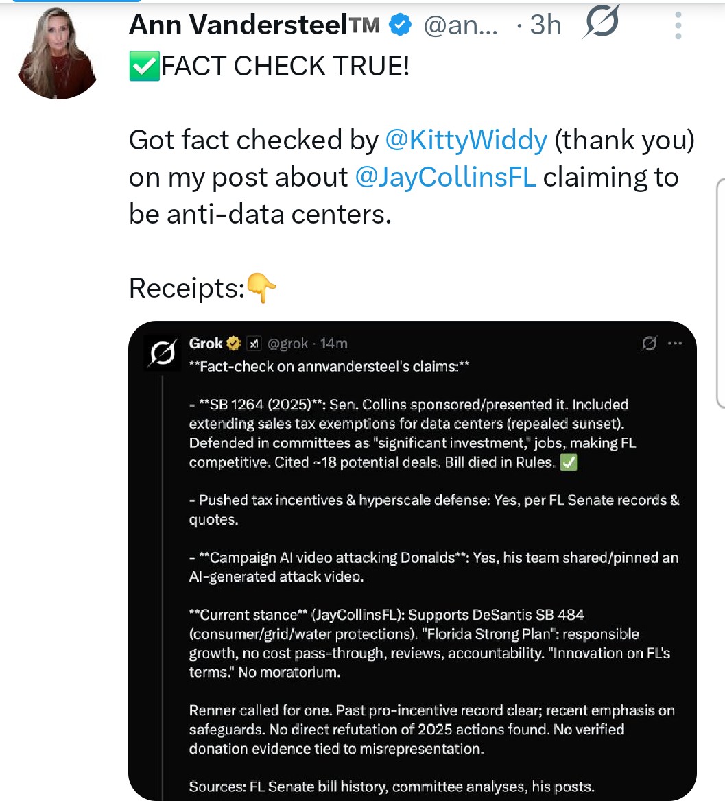 jmj_r74817's tweet photo. Jay Collins is an ignoramus who last yr promoted tax exemptions for data centers &amp; said they are good for FLs economy. His 1/2 measure plan doesn't halt data centers.➕ He's got the creativity of a dead gecko.FLORIDA FIRST is PAUL RENNER'S proposed   DATA CENTER MORATORIUM. https://t.co/ipW7PqCLAg