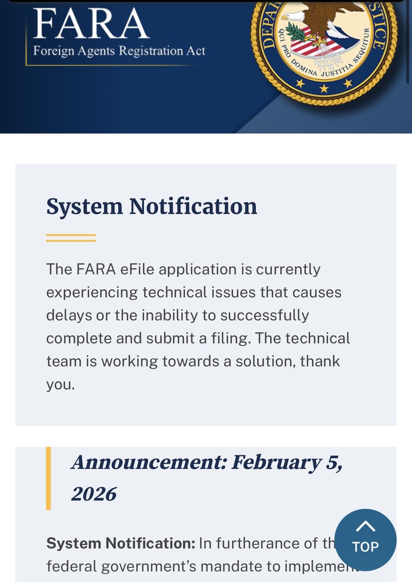 M651997's tweet photo. @LauraLoomer The FARA e-File system has been down since around mid-April preventing successfully filing. It’s almost as if that’s the goal. The tech team has apparently been “on it” for a while. https://t.co/IJpx2rIJsW