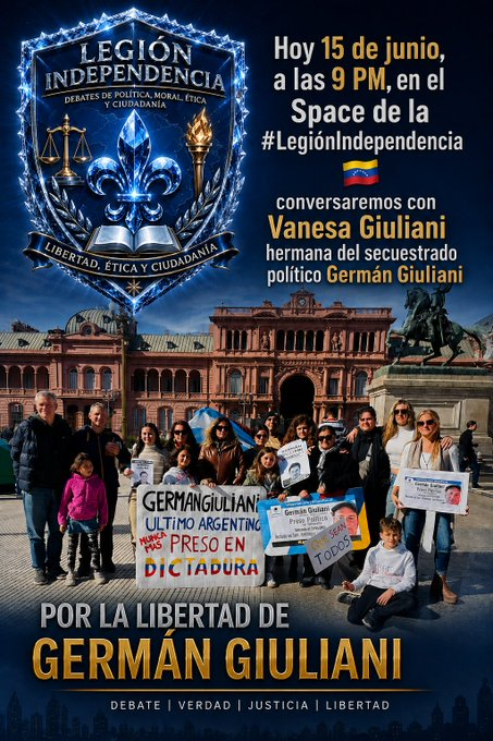 Angelina411203q's tweet photo. 🚨 Este lunes 15 de junio, 9 PM HLV, en el Space de la 📷#LegiónIndependencia 📷@Lucia65247437 , hermana del secuestrado político Germán Giuliani
@GastonLevar
@ChacoCma
#GeneracionIndependencia   Imagen

@Mergitvr5D https://t.co/fEwnCnzCt3
