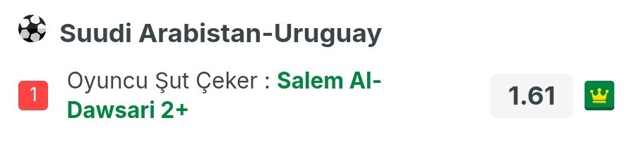 mlsgio's tweet photo. İddaa / Suudi Arabistan - Uruguay
 
Salem Al Dawsari 2 şut @ 1.61
Salem Al Dawsari 2 faul alır @ 1.73

Bol şanslar. https://t.co/lxbwyg9iyX