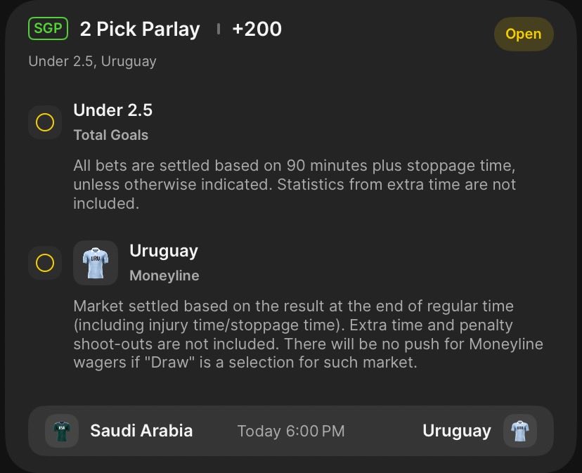 PitchPntProphet's tweet photo. Correlated combo: Uruguay to win + Under 2.5 (Smaller stake due to variance)
See “Alt” on image, for the reasons.
#ValueBets #WC #WorldCup #FootballTips #FootballBets #SoccerTips #SoccerBets #SportsBets #Betting #WCTips #WorldCupTips #mundialdefútbol2026 #Uruguay #SaudiArabia https://t.co/Zvax0kdjrG
