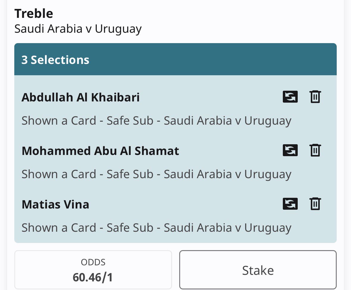 bettingvillage's tweet photo. Saudi Arabia v Uruguay 🟡🔴

First one has a 25% boost with Bet365.

Link on the tweet below to join 👇🏼 

18+ gambleaware https://t.co/OoGTqt4Clm