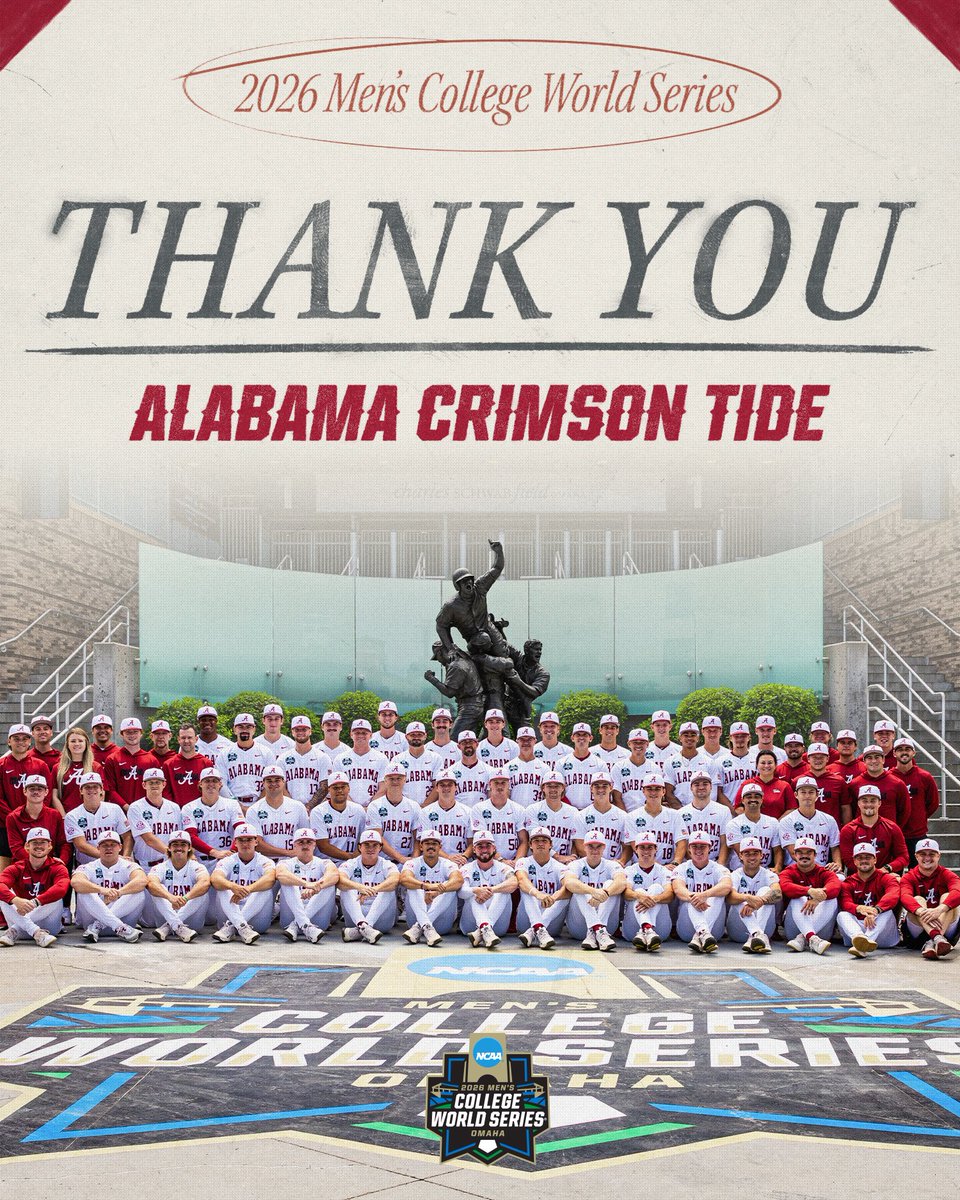 NCAABaseball's tweet photo. What a journey for the Crimson Tide ❤️🐘

Thank you, @AlabamaBSB!

#MCWS https://t.co/NGAcAlrWz8