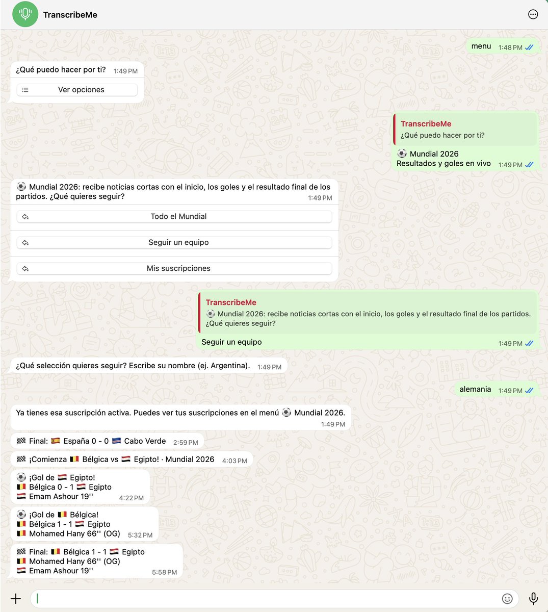 fedeecaccia's tweet photo. Mandá "mundial" al bot de whatsapp y recibí todas las notificaciones de partidos: cuando juega, goles y cierres de cada partido.

También podés personalizar enviando "recordame uruguay" o tu país favorito, para filtrar solo por tu pais.

Encontrá mucho más en https://t.co/WZwJyIublQ.