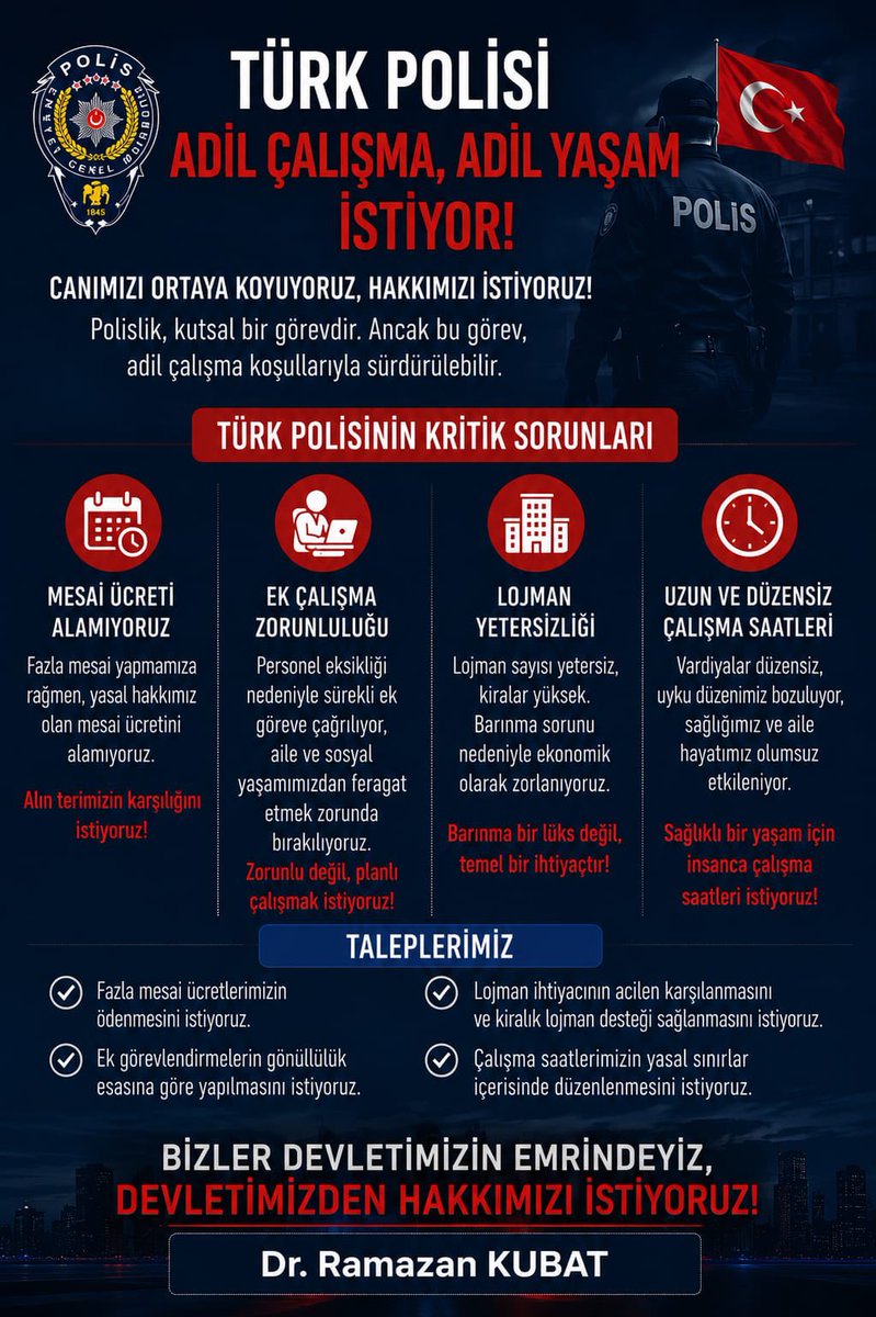 kubat_ramazan's tweet photo. Türk Polisi; milletimizin huzuru, devletimizin gücü ve vatanımızın güvenliği için gece gündüz fedakârca görev yapmaktadır.

Canını ortaya koyan polislerimizin; adil çalışma koşulları, insanca yaşam ve emeğinin karşılığını alma talepleri görmezden gelinemez.

Güçlü Devlet, Güçlü Polis ile mümkündür.

Türk Polisimizin haklı taleplerinin takipçisi olmaya devam edeceğiz.

Dr. Ramazan KUBAT