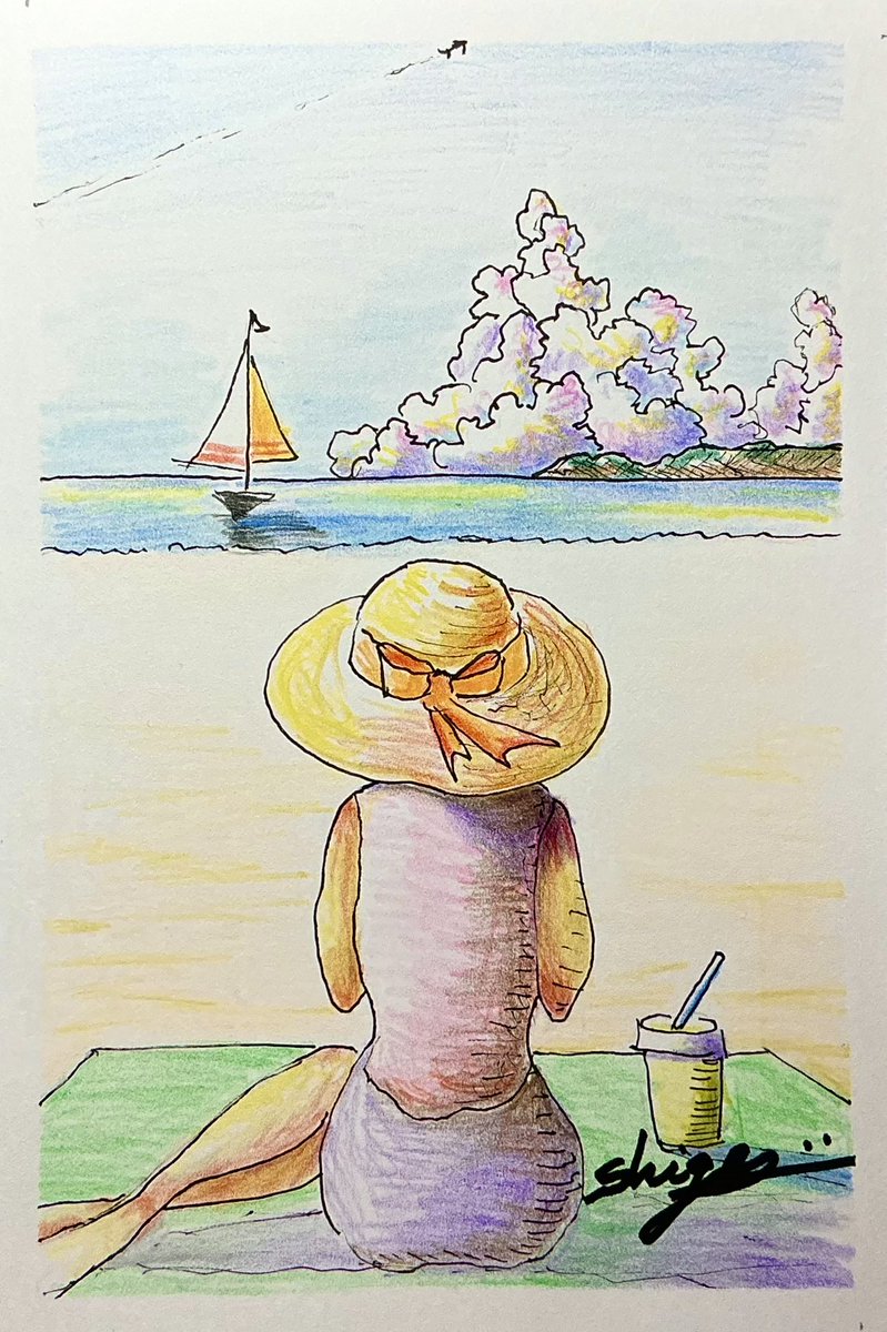 That summer hat.(あの日の夏帽子)〜今朝は色鉛筆を使って、夏っぽい