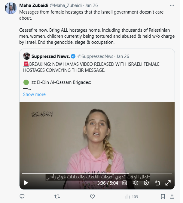 SJPidiots's tweet photo. @DanielSLoeb1 Foreign born stanford psychiatry resident Maha Zubaidi being a psycho and claiming the Israeli govt doesn’t care about Israeli hostages — by referencing statements made in a hostage video https://t.co/hKwwIktEyt