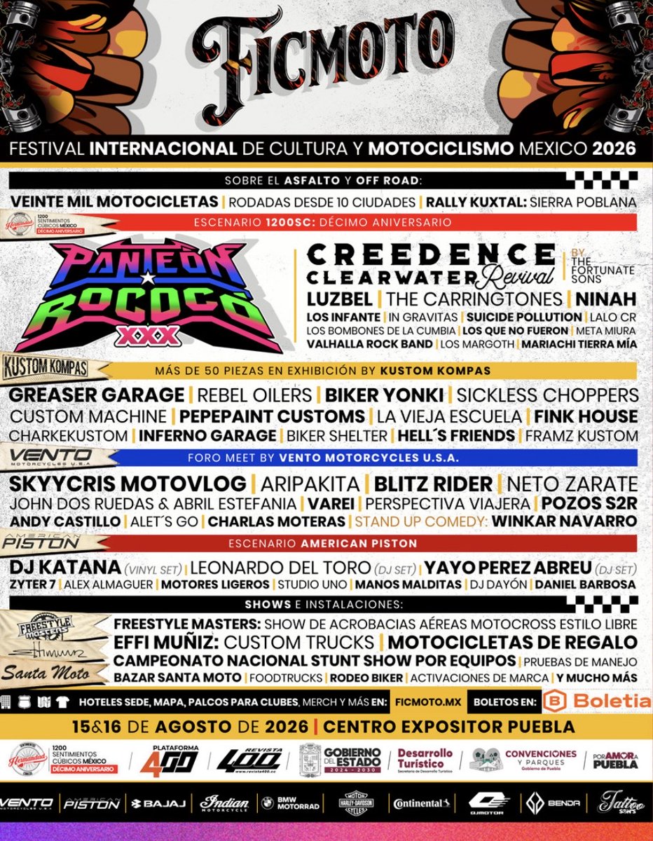 El_fusilmx's tweet photo. El Festival Internacional de Cultura y Motociclismo México 2026, se celebrará en el Centro Expositor de Puebla en agosto próximo con un cartel musical que incluye a @RococoCrew como cabeza, además a Creedence Clearwater Revival de la mano de The Fortunate Sons. https://t.co/aHoP7km5qw