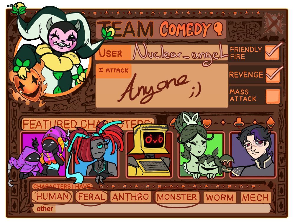 Nuclear__angel's tweet photo. Finally made my Art fight card, yay
You can drop your usernames/links in the comments so I can follow you as well :D
Also, this post will serve as a thread for the attacks I made (or I will repost this image, we'll see) 
#artfight2026 https://t.co/drPK8hUNXo
