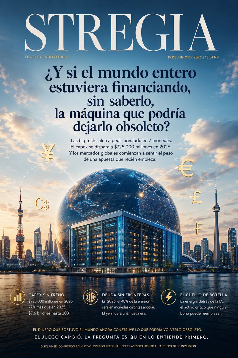 Jss770's tweet photo. ¿Y si el mundo entero estuviera financiando, sin saberlo, la máquina que podría dejarlo obsoleto?

Nueva York, 17:32 horas. 15 de junio de 2026. Tokio y Toronto ya cerraron — y dejaron algo que el consenso todavía no leyó. La respuesta a quién financia la inteligencia artificial era obvia: las propias empresas, con su caja récord. Entonces Alphabet hizo algo que nunca había hecho: pidió prestado… en yenes. Ahí empezó a moverse el tablero.

Semáforo: 🟡 amarilla — “caja récord” choca con deuda en 7 monedas.

1.$725.000 millones de capex en 2026 (+77%), con $7.6 billones hasta 2031, según Goldman Sachs. Ni las cinco grandes —más de $1 billón en caja conjunta, Morgan Stanley— pueden financiar esto solas. La deuda, no el flujo de caja, manda en el ciclo.
2.En 2024, 0% de la emisión era no-dólar. En 2026, 48% — euro 52%, yen 15%, dólar canadiense 14%, libra 12%, franco 7%. Bank of America confirma el no-dólar duplicado al 30%. Las tesorerías ahora dependen de swaps de tasas cruzadas, antes cosa de gobiernos.
3.El giro real: Alphabet vendió ¥576.500 millones en mayo (unos $3.600 millones), el bono en yenes más grande de una empresa no japonesa, superando a Berkshire Hathaway. Japón, que exportó capital barato por años, ahora financia la infraestructura que compite con su propia industria.
https://t.co/TkEyDoLqE7 colocó C$14.000 millones en junio — récord histórico, órdenes por C$28.000 millones —, superando el récord de C$8.500 millones de Alphabet de un mes antes. Reuters: la operación ensanchó los diferenciales de crédito canadiense.
5.Morgan Stanley proyecta €50.000 millones hyperscaler en 2026 — Estados Unidos sería el mayor emisor corporativo de la zona euro, por delante de Francia. La deuda global de inteligencia artificial llegaría a $570.000 millones, casi 4 veces 2022.

Qué curioso: la misma “caja récord” que calmó al mercado en 2024 explica ahora por qué piden prestado en 7 monedas. Brillante. Absolutamente brillante.

Oportunidad: el crédito de grado de inversión emitido fuera de Estados Unidos se vuelve referencia para inversores locales — exposición a la inteligencia artificial sin volatilidad de acción. La energía de los centros de datos es el cuello de botella que ningún bono resuelve. ¿Y si gana quien controla la energía, no quien construye el mejor modelo?

🟢 1. El capex pasa de $410.000 millones a $725.000 millones en un año.
🟡 2. El flujo de caja no lo cubre — la deuda toma el control.
🟡 3. El dólar se queda sin espacio — entran yen, dólar canadiense, euro, libra y franco.
🔴 4. Canadá, Japón y Europa sienten el peso de un solo emisor.
⚫ 5. Si esto recién arranca — $7.6 billones hasta 2031 —, ¿qué banco central decide primero que dejó de ser un tema corporativo?

El timing no es suerte. Es la única ventaja que el mercado no puede comprarte. — JIM

⚠️ Disclaimer: Contenido educativo. Opinión personal. No es asesoramiento financiero ni de inversión.
Brillante, absolutamente brillante: el mismo consenso que celebró la caja récord ahora celebra que salgan a pedir prestado en 7 monedas.
Si buscas más, lee el informe completo en: https://t.co/G915Iw19wV
#InteligenciaArtificial #MercadoDeBonos #DeudaGlobal #BancosCentrales #STREGIA
