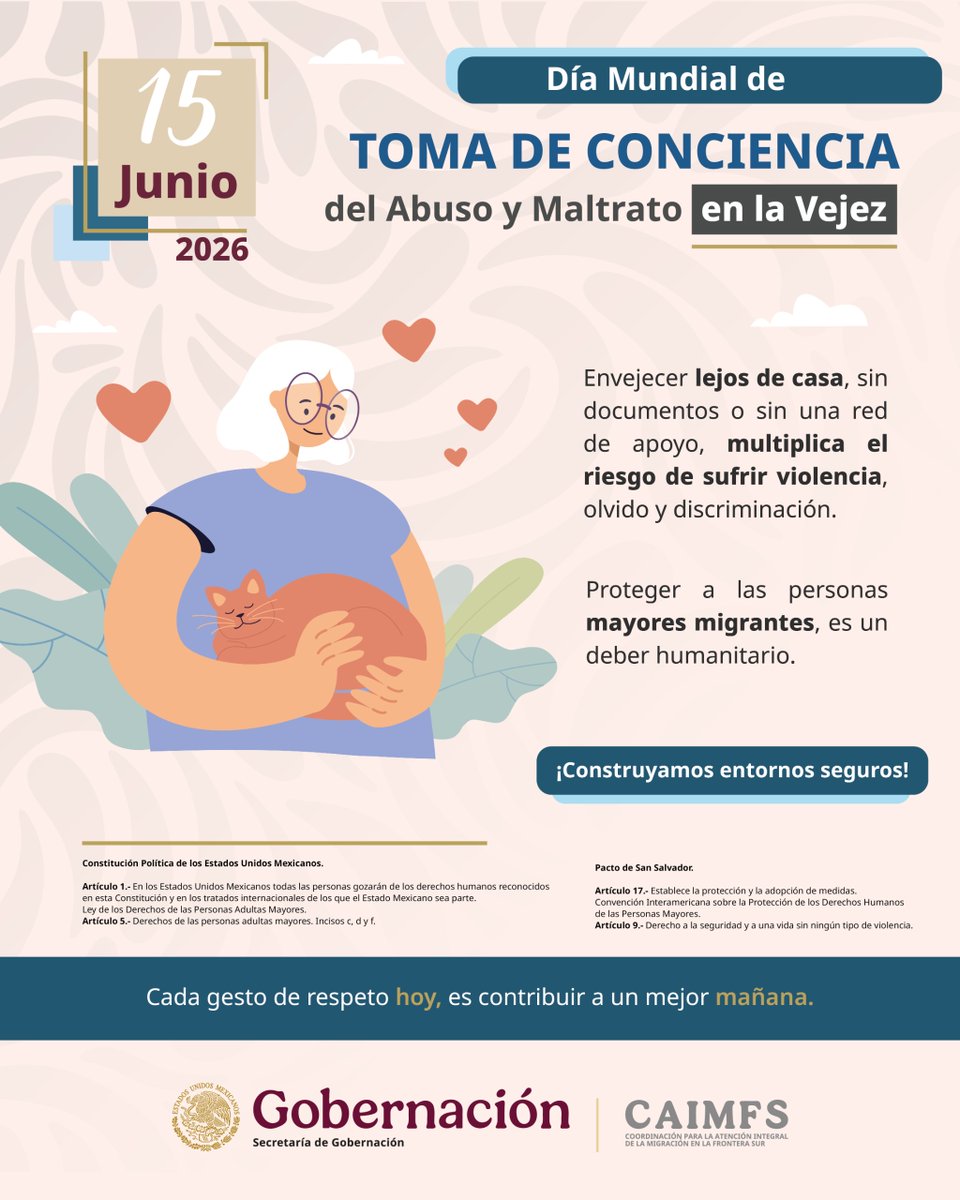 Hazaelruizo's tweet photo. Hoy, en el marco del Día Mundial de Toma de Conciencia del Abuso y Maltrato en la Vejez, desde la Coordinación para la Atención Integral de la Migración en la Frontera Sur #CAIMFS reafirmamos nuestro compromiso con la protección y el respeto de los derechos humanos de las personas adultas mayores migrantes.

Promovamos entornos seguros, libres de violencia, discriminación y abandono en la #FrontraSur.

¡Envejecer con dignidad es un derecho de todas y todos!

@rosaicela_ @arturomedinap @SEGOB_mx