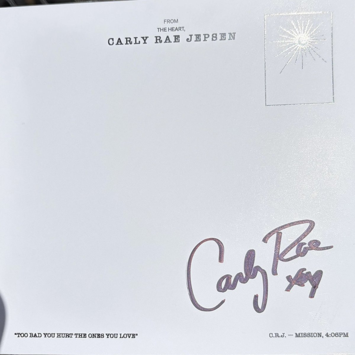 carlyraewiki's tweet photo. Another new #CRJ7 postcard from @CarlyRaeJepsen has been received!

— “Too bad you hurt the ones you love. Mission, 4:06 PM” https://t.co/DSWfFSoPWR