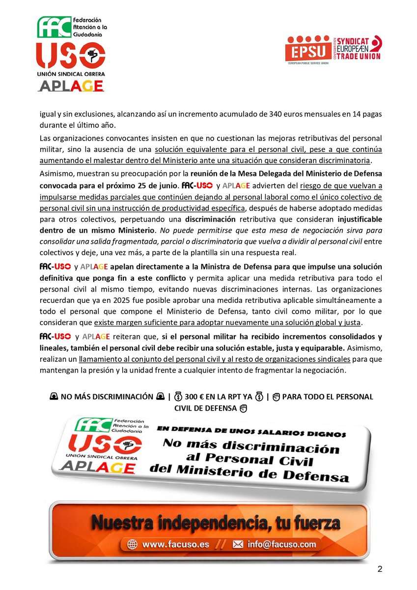 AplageComunicac's tweet photo. FAC-USO Y APLAGE LLAMAN A MANTENER LA MOVILIZACIÓN DEL PERSONAL CIVIL DE DEFENSA ANTE NEGOCIACIONES DECISIVAS Y EL RIESGO DE UNA NUEVA DISCRIMINACIÓN 

El Personal Civil de Defensa denuncia salarios por debajo del SMI y exige una solución salarial justa, consolidable y para todos https://t.co/NzNqfuaC5c