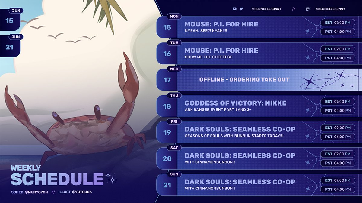 blumetalbunny's tweet photo. Stream Schedule for June 15th to June 21st 💙

NEW OUTFIT REVEAL FRIDAY~! Slipping into something different to start The Summer (Seasons? IDK how long this will go?) of Souls! @cinnamonbb001 and I will be streaming all 3 Dark Souls games, so I hope to see you there!!!! #darksouls https://t.co/REiiil8oFx