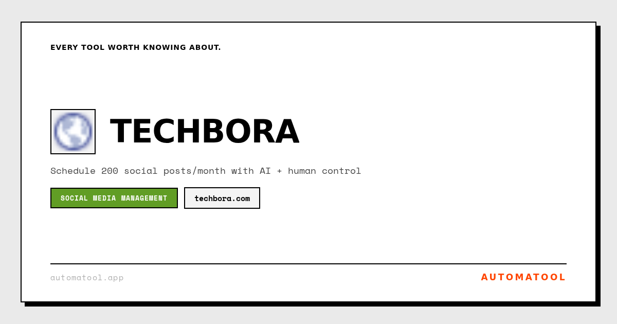 automatool_app's tweet photo. TechBora: schedule up to 200 social posts/month with AI-assisted drafts and human approval, so teams move fast while keeping their voice.
#SocialMedia #AI #ContentMarketing https://t.co/QQbSPuLjyk