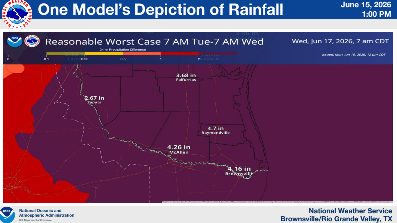 CityofPalmview's tweet photo. As the RGV remains under flood watch, we remind you to stay informed about the latest weather conditions.  The flood watch has been extended into Thursday morning. The US National Weather Service Brownsville/ Office reports that confidence is high that heavy rainfall will occur. https://t.co/GPK9X3Fj7E
