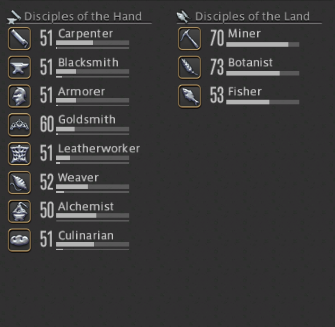 UrsakaVTuber's tweet photo. There we go, everything up to 50 or higher for crafty-gathers. Only quest from ARR I've not done is the alchemist one cause I don't have the materia for it lmao https://t.co/64j26dKysZ