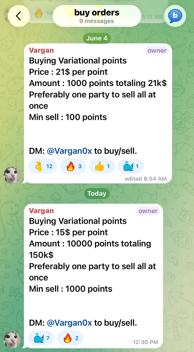 GeoOnchain's tweet photo. Here is an update on @variational_io
: Found bottom support on @aspecta_ai at around $7 per $VAR, puts points value at around $21

OTC Points just had a huge order placed at $15 per point for 150k while an order at $21 per point for 21k is still the top offer

No sell orders under $30

@Polymarket odds of 1B still at 25%, which analyst from researchers like @tiger_research_ predict will be the FDV at launch

$30 per point is a value of 1.05B FDV where $15 per point is around 550M FDV at 25 % airdrop for holders . So right in the middle @aspecta_ai pre-market trading is taking place

Now what pushes the value towards 1B+ valuation?

It all comes down to the success of RWA, which imo is already undervalued and not priced in.

Let’s look at some RWA assets metrics comparison to @HyperliquidX:

XAU(Gold):

Hype
Volume: 80M
OI: 115M

Var
Volume: 23M
OI: 55M

XAG(Silver):

Hype
Volume: 132M
OI: 80M

Var
Volume: 5M
OI: 13M

$SPCX:

Hype
Volume: 554m
OI: 269m

Var
Volume: 18M
OI: 10M

$NVDA:

Hype
Volume: 60m
OI: 169M

Var
Volume: 1.7M
OI: 1M

Now I did this for every asset on Hype and Var and took the averages.

Var/Hype Ratio:

Volume: .045
OI: .067

So let’s say in terms of RWA variational is 1/20th the size of HyperLiquid, then that could put $VAR FDV at 3.2B and points at $87 per point valuation.

Now these can always be over estimated with these projects especially with farming taking place now (inflating metrics) but @variational_io still has 100s of assets to list and they are doing so in a way that’s outpacing every competitor. Factor in the backers and OMNI which offers so many more products, I really do think we could see points hit around $50 before TGE. NFA
