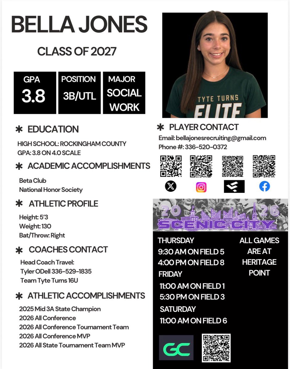 Bellaj2009's tweet photo. Looking forward to the opportunity to compete at Scenic City this week! Excited to get back on the field, play against great competition, and continue improving my game. Hoping to connect with coaches who are looking for a hardworking 2027 utility player, With a good bat. Can’t wait to get started! 🥎💪 
@CoachKeithParr @MHU_Softball @dpdevelopment24 @Mads_Arm2Strong @Clift_coach @peytondarnell11 @CoachMoWyatt @_Coach_Alex_ @MUMonarchsSB @softballferrum @AshleyWadeUNCW @todell04 @tyteturns