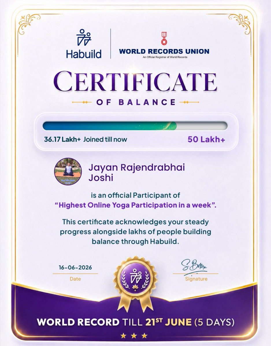 YTJayanJoshi's tweet photo. 3rd Certificate Today 

🏅 I received my *Certificate of Balance* today!

Join me for👇🏻

*FREE YOGA* | 21-Day Online 
🗓️ _Next Batch - 17th June(Tomorrow)_

And be a part of Yoga *World Record Week* till 21st June🏆 

Click below 👇🏻
https://t.co/lRWYHtSTfO https://t.co/wpXnsj8ZAb