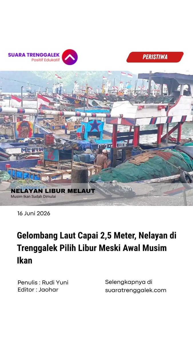 SuaraTrenggalek's tweet photo. Ratusan nelayan di Pantai Prigi, Kecamatan Watulimo, Kabupaten Trenggalek, terpaksa menghentikan sementara aktivitas melaut akibat cuaca buruk dan gelombang tinggi yang melanda perairan selatan Jawa.

#Trenggalek #trenggalek24jam #nelayan #laut #gelombang https://t.co/x0pmcoYNGD