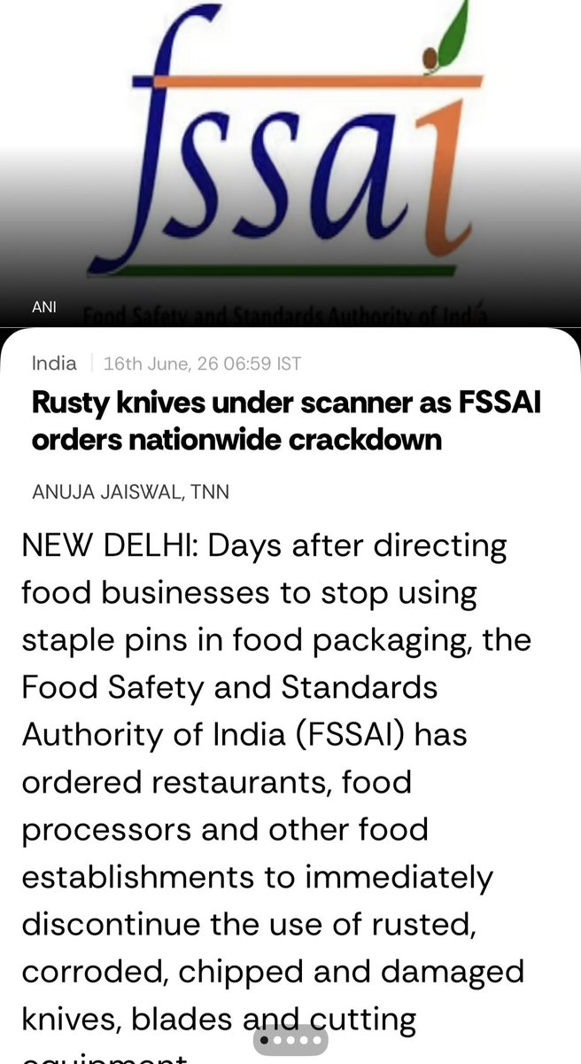 AnujaJaiswalTOI's tweet photo. Days after directing food businesses to stop using staple pins in food packaging, the Food Safety and Standards Authority of India (#FSSAI) has directed restaurants, food processors and other food establishments to immediately discontinue the use of #rusted, #corroded, chipped and damaged #knives, #blades and cutting equipment. The #advisory issued on Monday follows reports of rusted and damaged cutting tools being used in food establishments, raising concerns about contamination risks and hygiene standards. FSSAI said some food business operators were using rusted, corroded, chipped, painted or otherwise unsuitable knives and blades during food handling, preparation, processing, cutting, slicing and packaging operations. Such equipment can lead to physical, chemical and microbiological contamination of food, it warned. @fssaiindia @MoHFW_INDIA